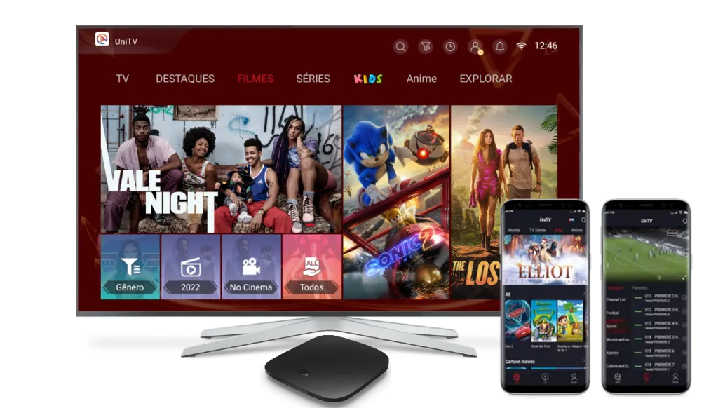 App UniTV interface no celular e TV